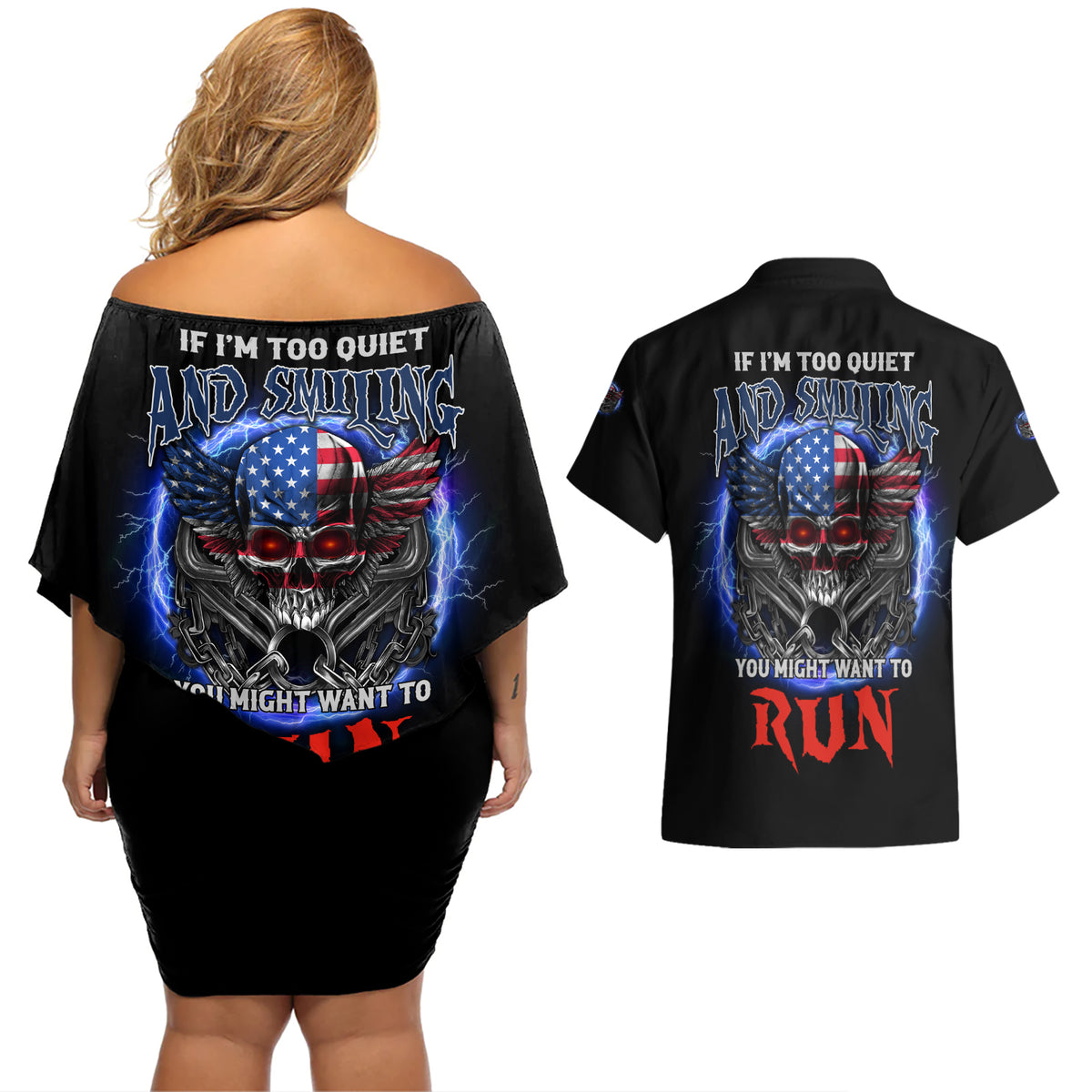 If I'm Too Quiet And Smiling America Skull Wings Couples Matching Off Shoulder Short Dress and Hawaiian Shirt - Wonder Print Shop