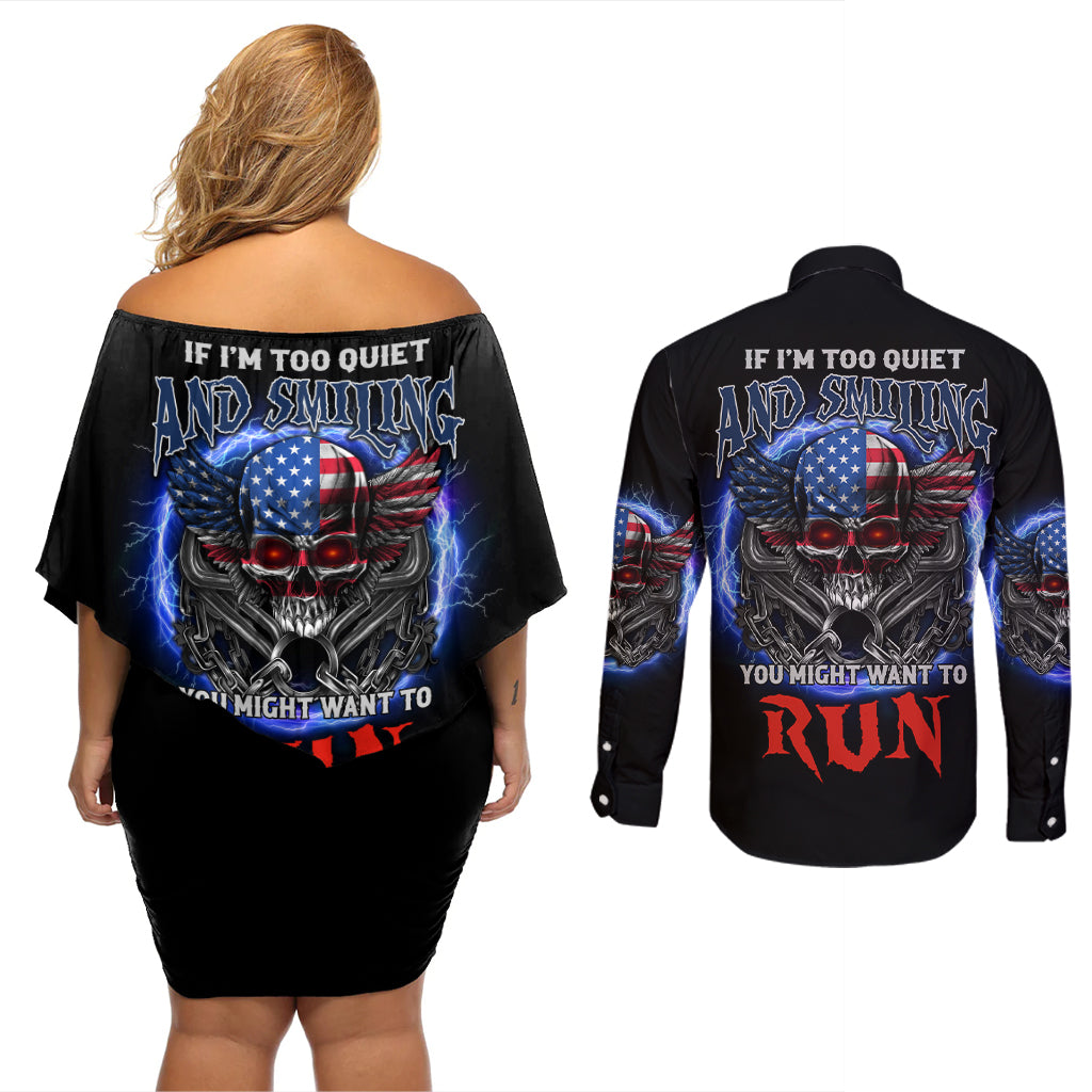 If I'm Too Quiet And Smiling America Skull Wings Couples Matching Off Shoulder Short Dress and Long Sleeve Button Shirt - Wonder Print Shop