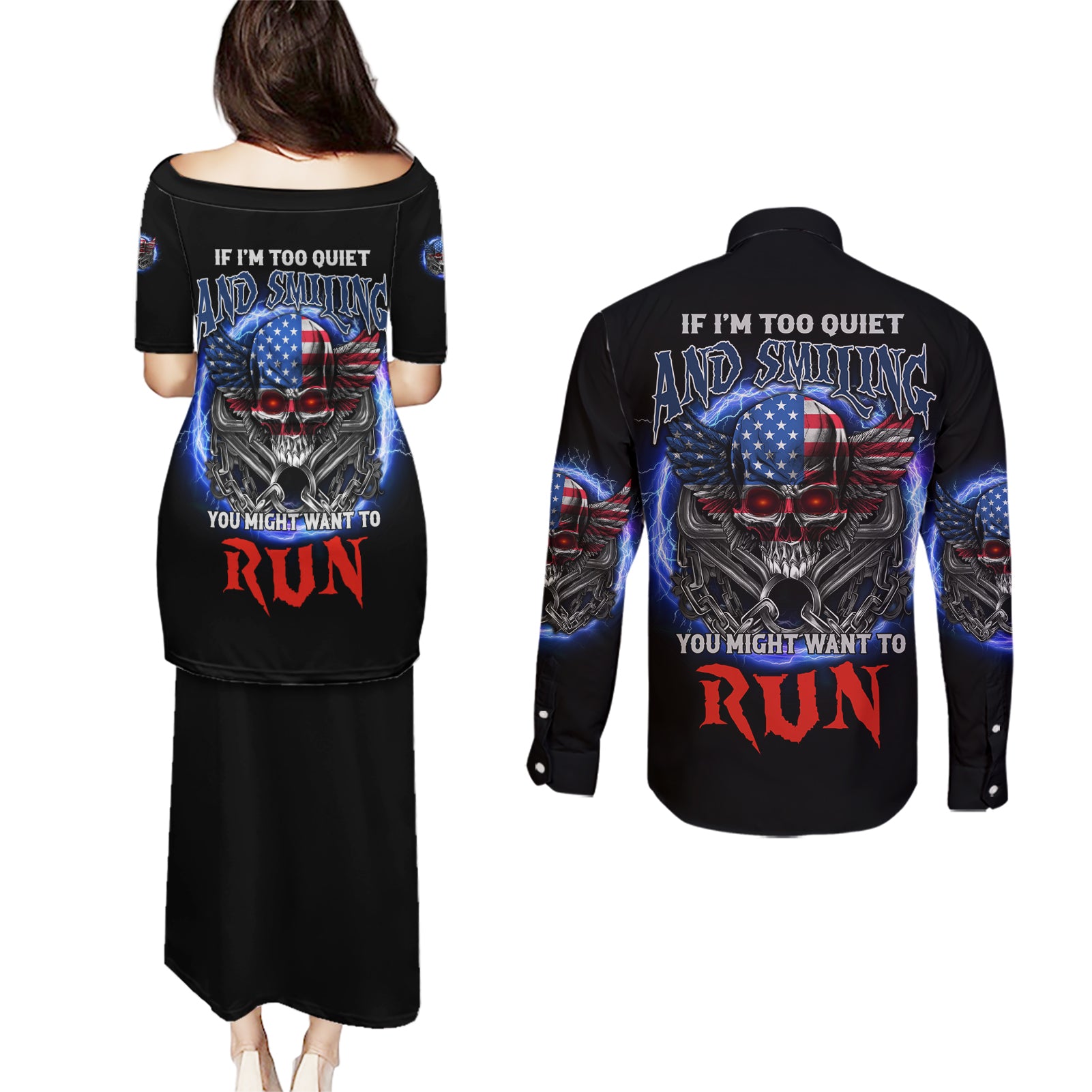 If I'm Too Quiet And Smiling America Skull Wings Couples Matching Puletasi Dress and Long Sleeve Button Shirt - Wonder Print Shop