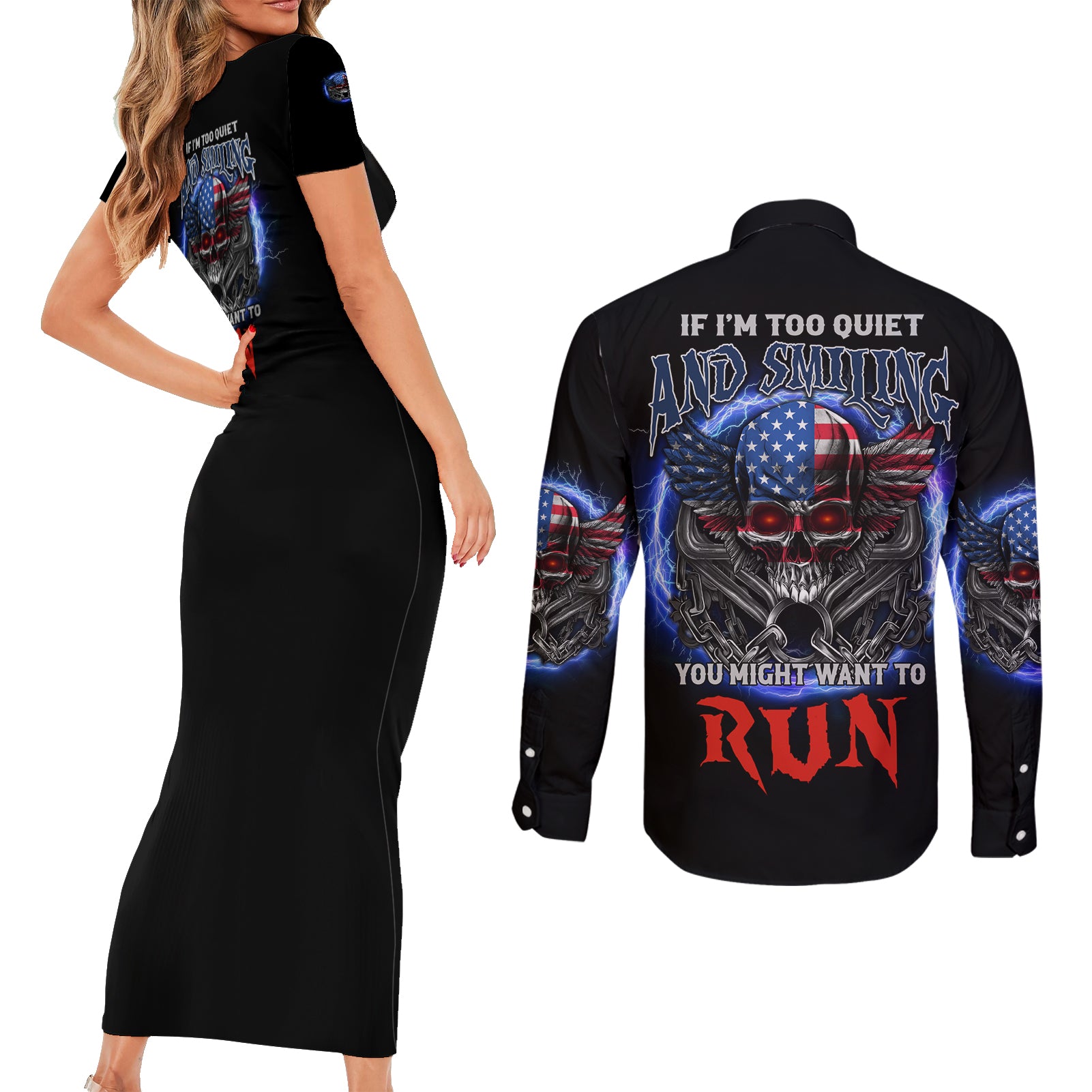 If I'm Too Quiet And Smiling America Skull Wings Couples Matching Short Sleeve Bodycon Dress and Long Sleeve Button Shirt - Wonder Print Shop