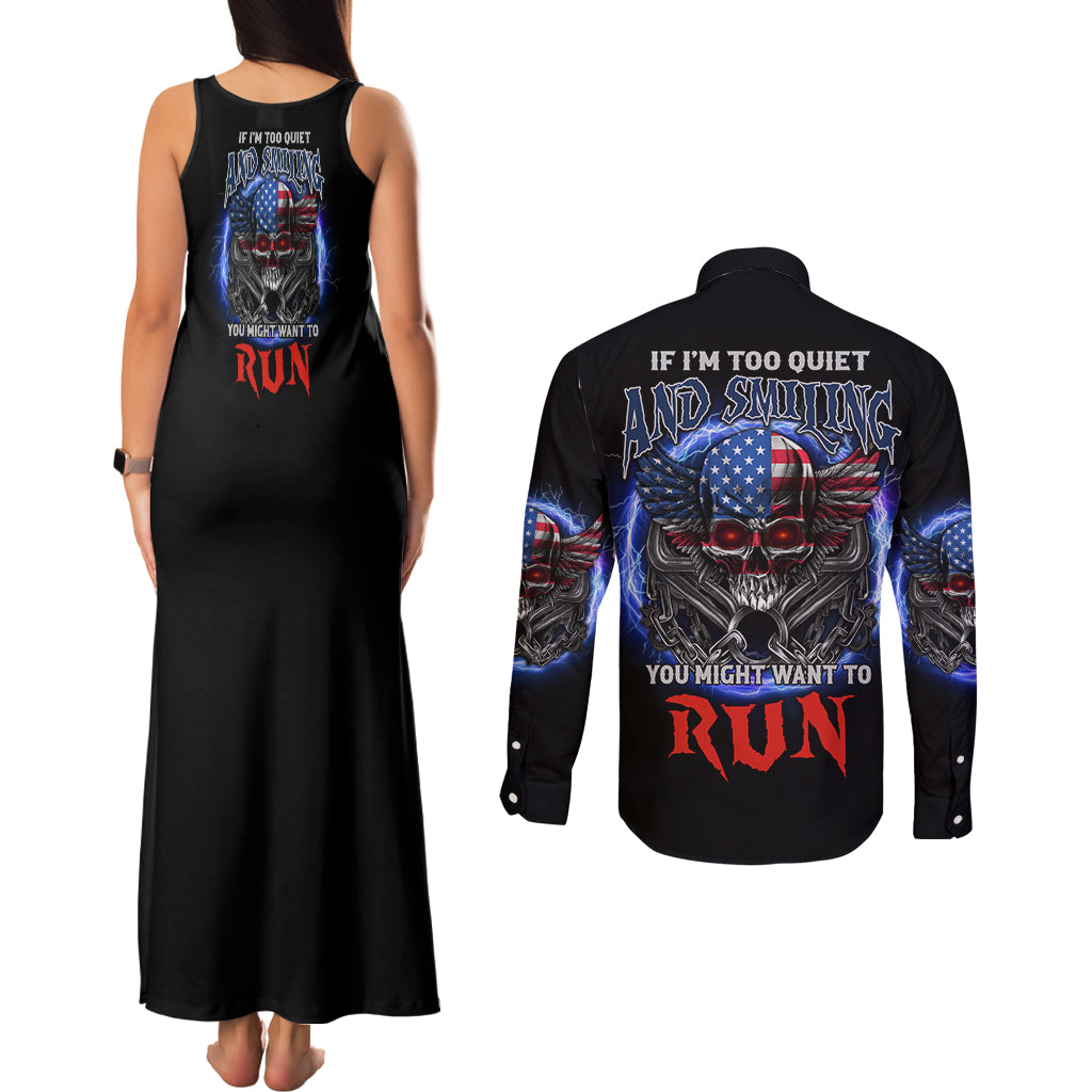 If I'm Too Quiet And Smiling America Skull Wings Couples Matching Tank Maxi Dress and Long Sleeve Button Shirt - Wonder Print Shop