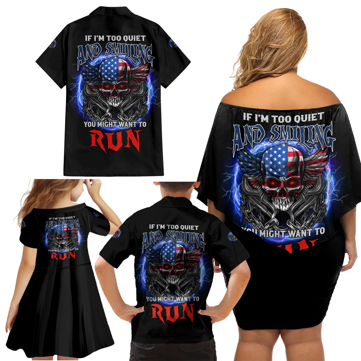 If I'm Too Quiet And Smiling America Skull Wings Family Matching Off Shoulder Short Dress and Hawaiian Shirt - Wonder Print Shop