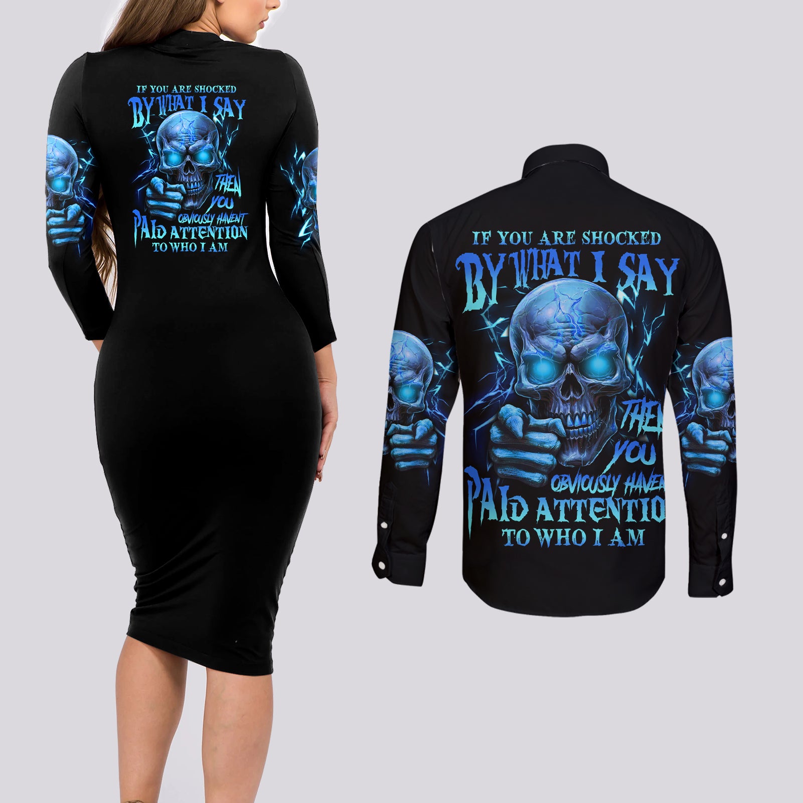 If You Are Shocked By What I Say Couples Matching Long Sleeve Bodycon Dress and Long Sleeve Button Shirt - Wonder Print Shop