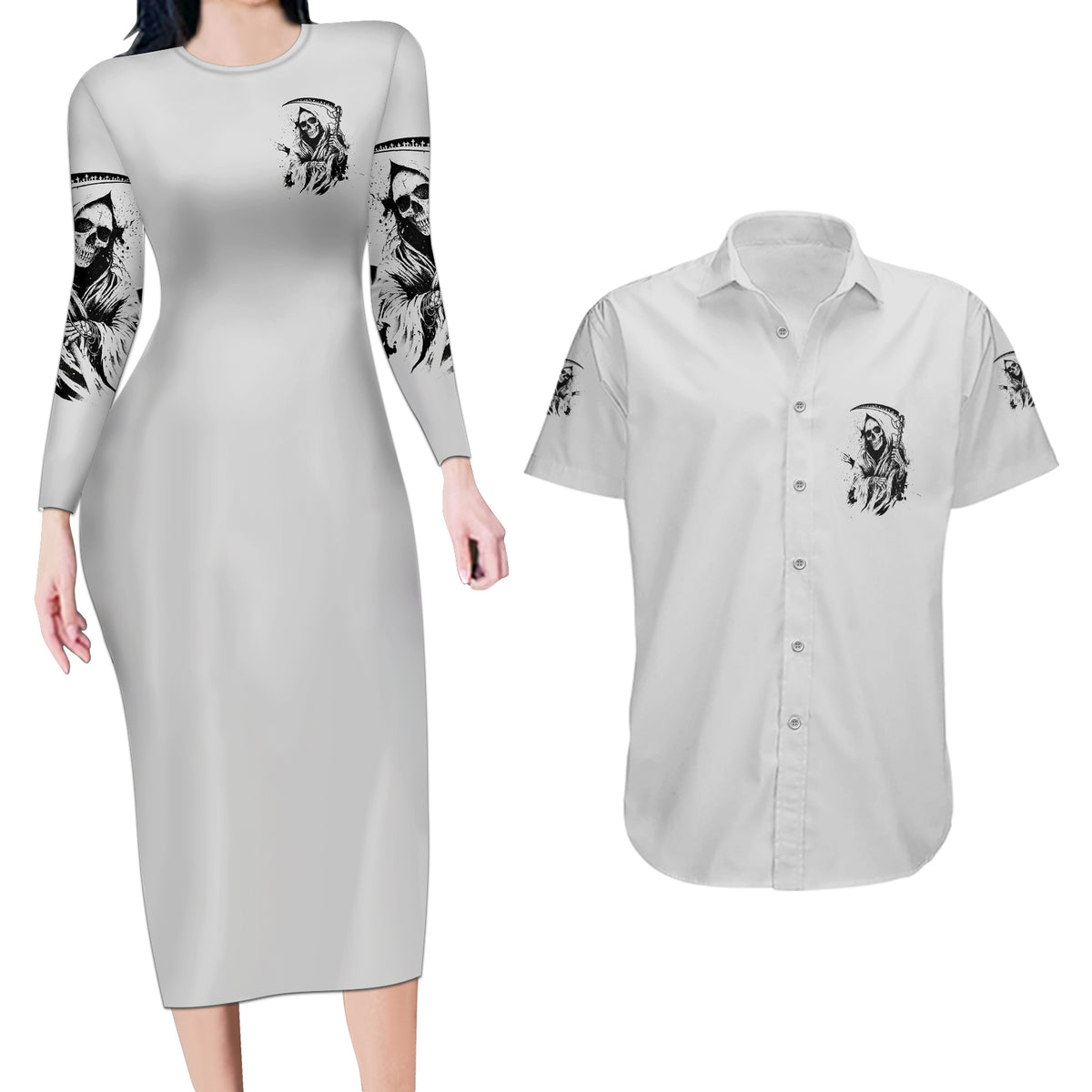 I Can't Go To Hell Reaper Skull Couples Matching Long Sleeve Bodycon Dress and Hawaiian Shirt - Wonder Print Shop