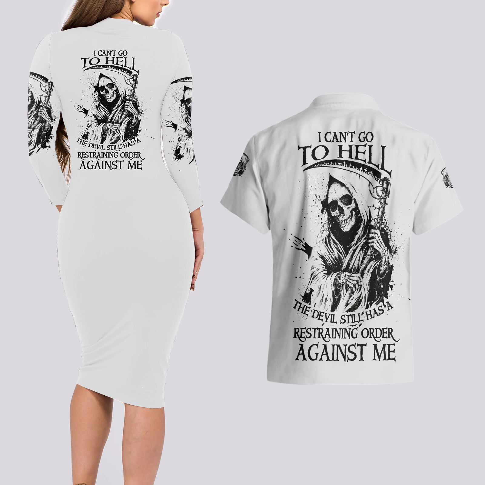 I Can't Go To Hell Reaper Skull Couples Matching Long Sleeve Bodycon Dress and Hawaiian Shirt - Wonder Print Shop