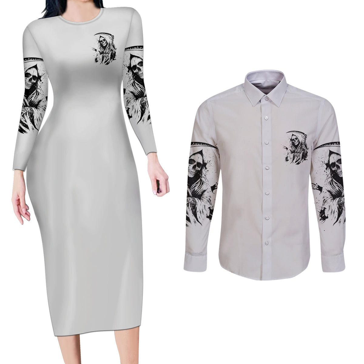 I Can't Go To Hell Reaper Skull Couples Matching Long Sleeve Bodycon Dress and Long Sleeve Button Shirt - Wonder Print Shop