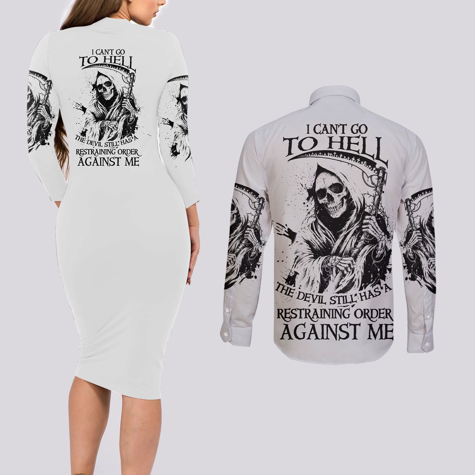 I Can't Go To Hell Reaper Skull Couples Matching Long Sleeve Bodycon Dress and Long Sleeve Button Shirt - Wonder Print Shop
