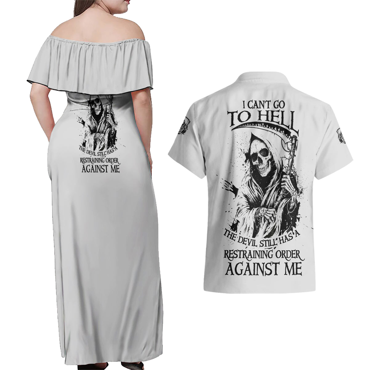 I Can't Go To Hell Reaper Skull Couples Matching Off Shoulder Maxi Dress and Hawaiian Shirt - Wonder Print Shop