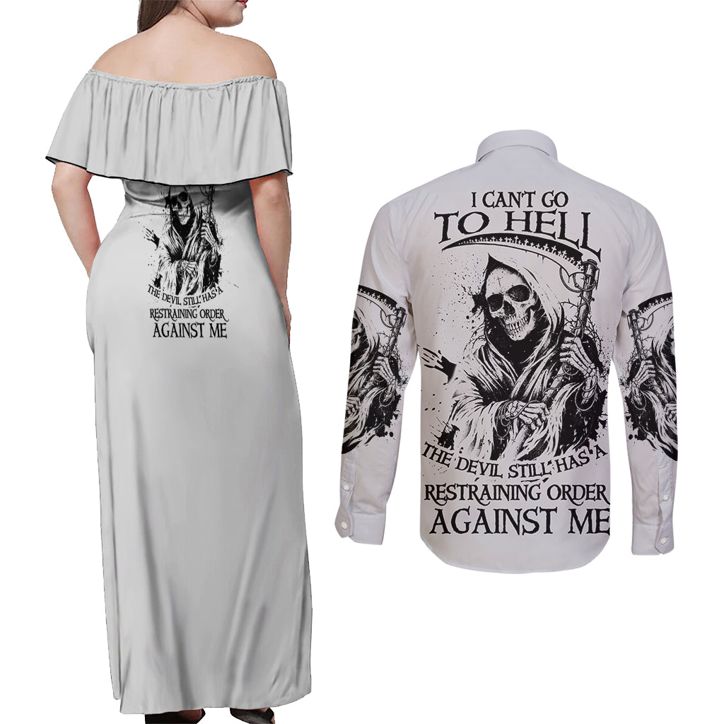 I Can't Go To Hell Reaper Skull Couples Matching Off Shoulder Maxi Dress and Long Sleeve Button Shirt - Wonder Print Shop