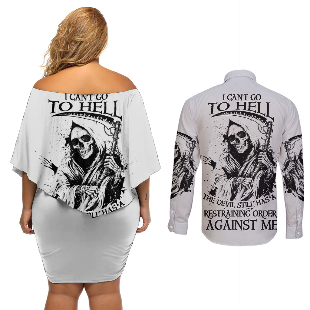 I Can't Go To Hell Reaper Skull Couples Matching Off Shoulder Short Dress and Long Sleeve Button Shirt - Wonder Print Shop