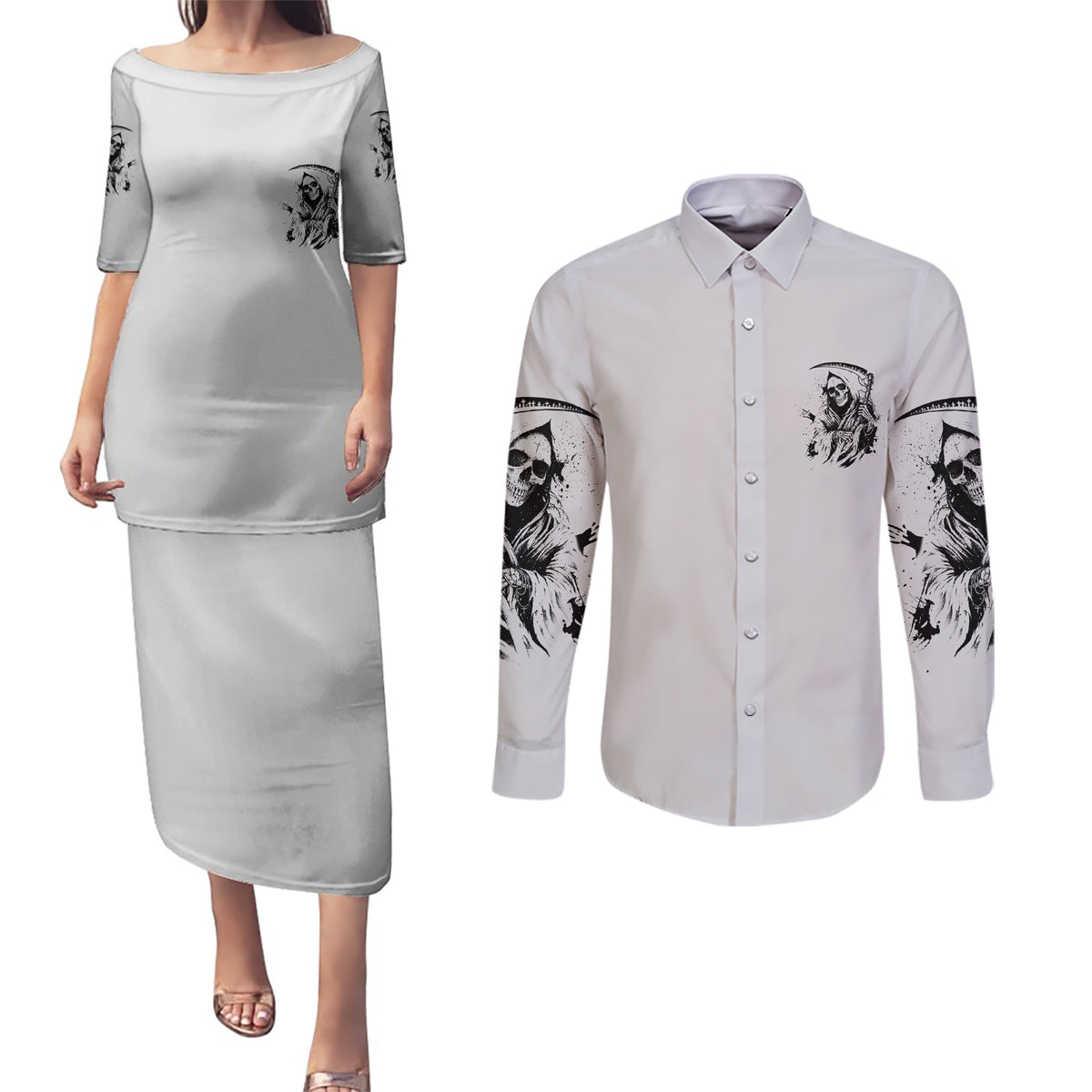 I Can't Go To Hell Reaper Skull Couples Matching Puletasi Dress and Long Sleeve Button Shirt - Wonder Print Shop