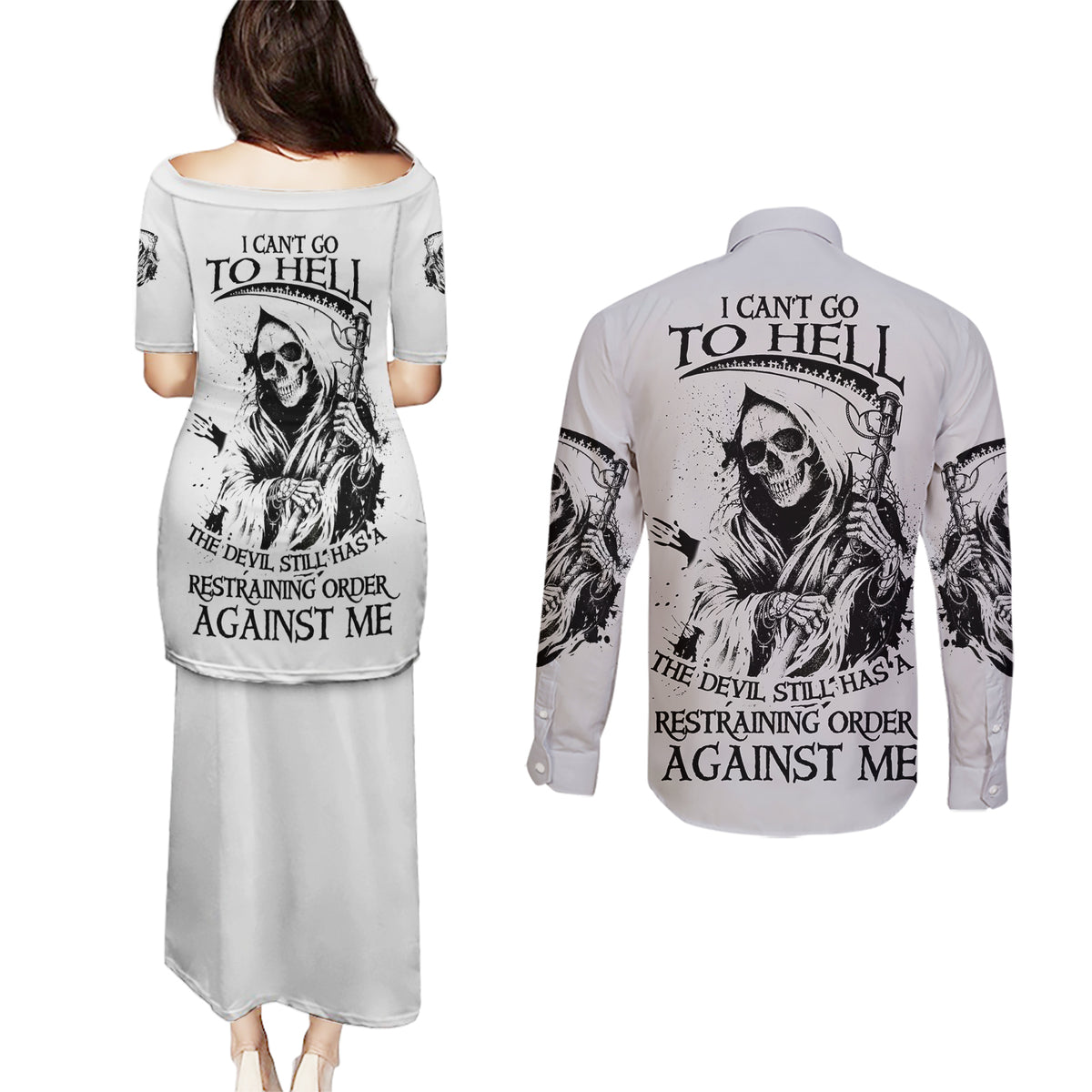 I Can't Go To Hell Reaper Skull Couples Matching Puletasi Dress and Long Sleeve Button Shirt - Wonder Print Shop