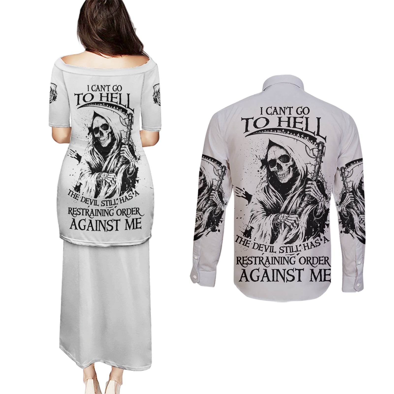 I Can't Go To Hell Reaper Skull Couples Matching Puletasi Dress and Long Sleeve Button Shirt - Wonder Print Shop