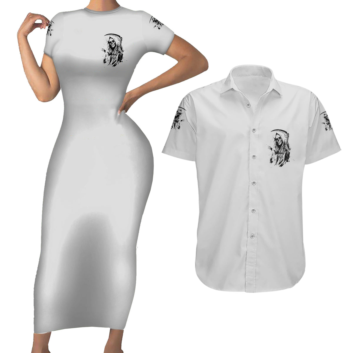 I Can't Go To Hell Reaper Skull Couples Matching Short Sleeve Bodycon Dress and Hawaiian Shirt - Wonder Print Shop