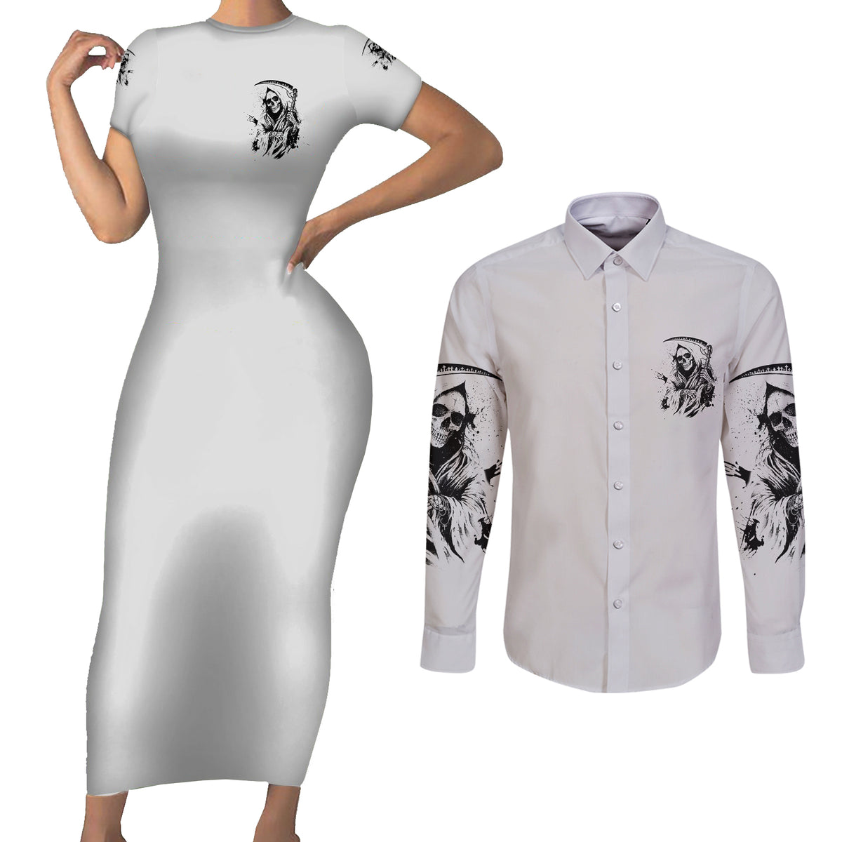 I Can't Go To Hell Reaper Skull Couples Matching Short Sleeve Bodycon Dress and Long Sleeve Button Shirt - Wonder Print Shop