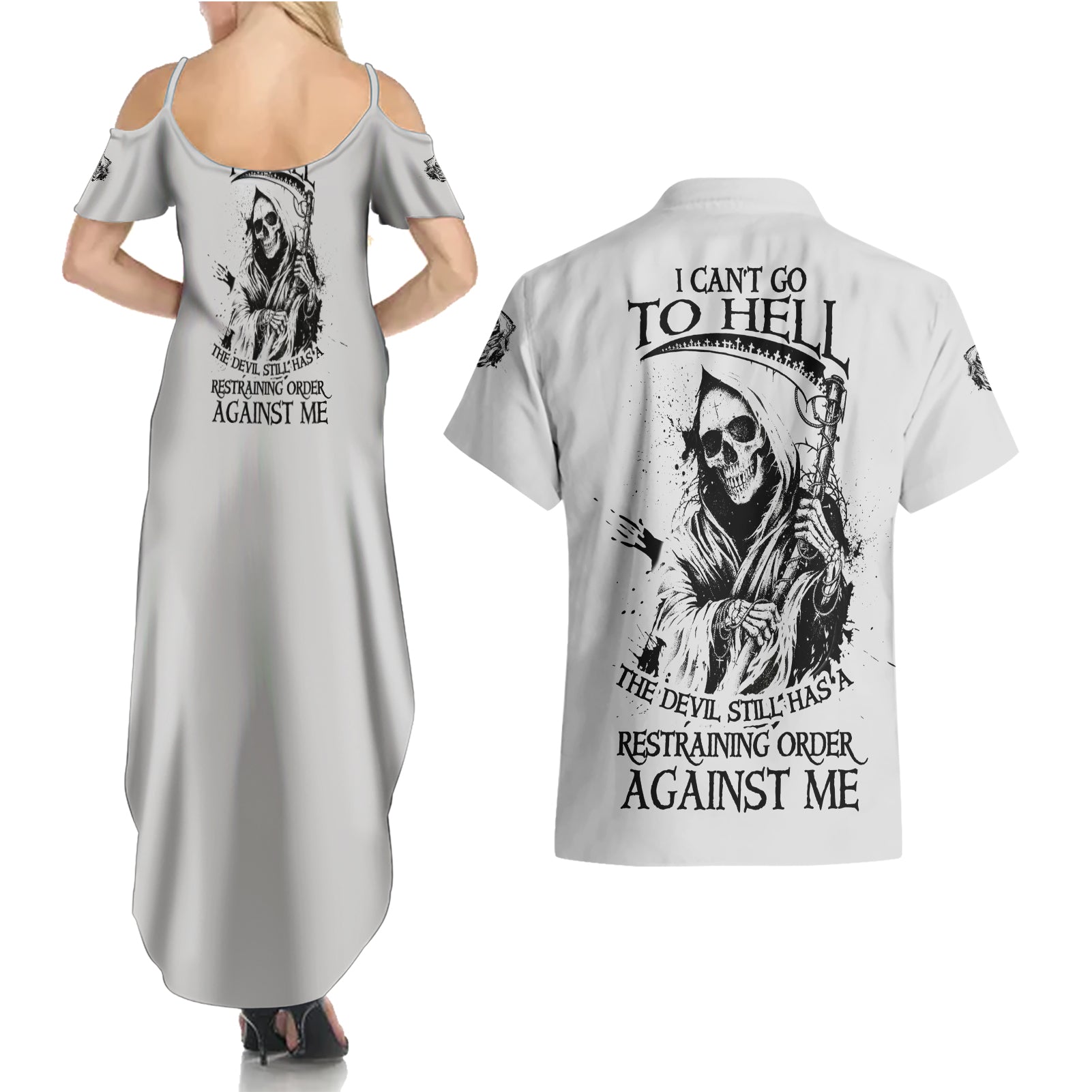 I Can't Go To Hell Reaper Skull Couples Matching Summer Maxi Dress and Hawaiian Shirt - Wonder Print Shop