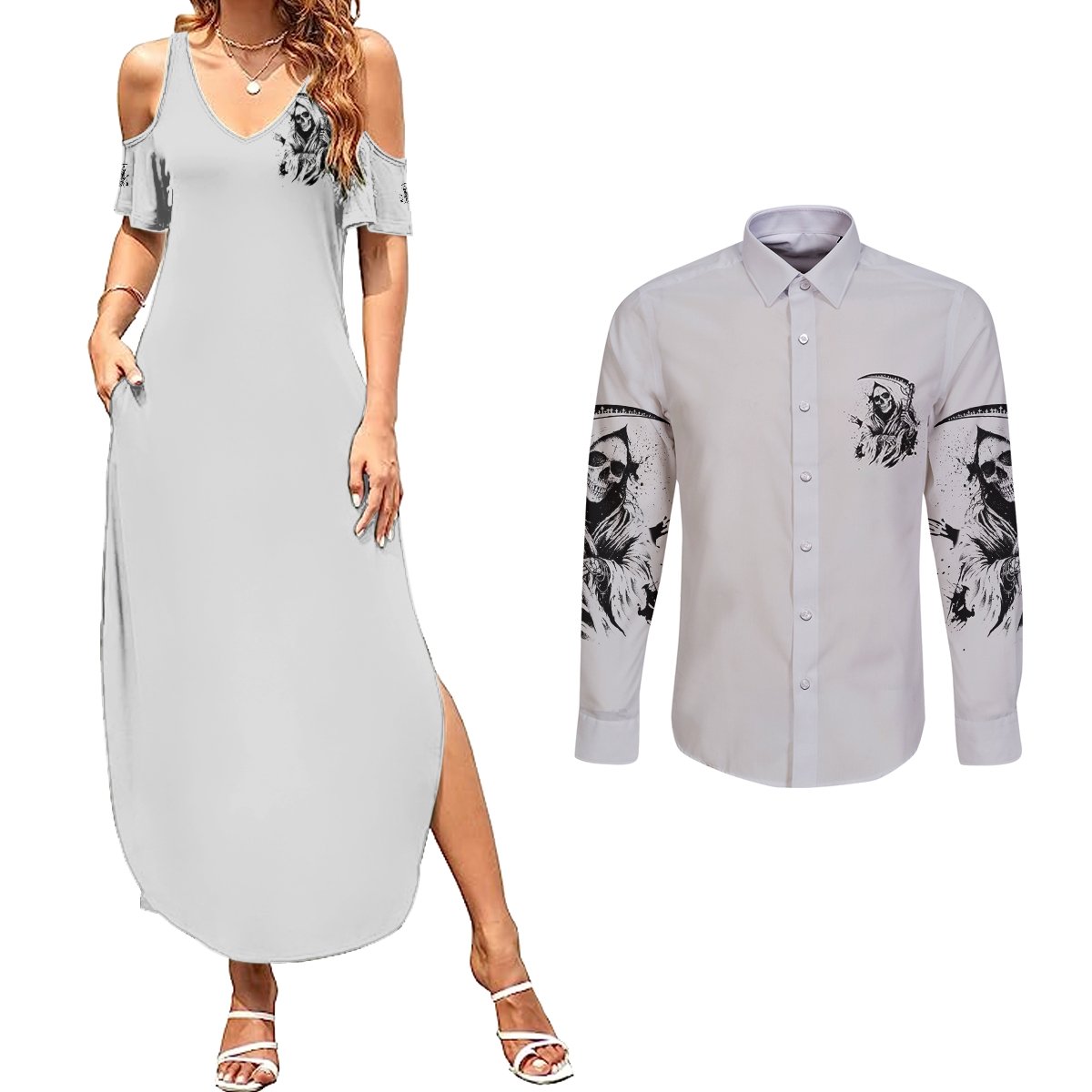 I Can't Go To Hell Reaper Skull Couples Matching Summer Maxi Dress and Long Sleeve Button Shirt - Wonder Print Shop
