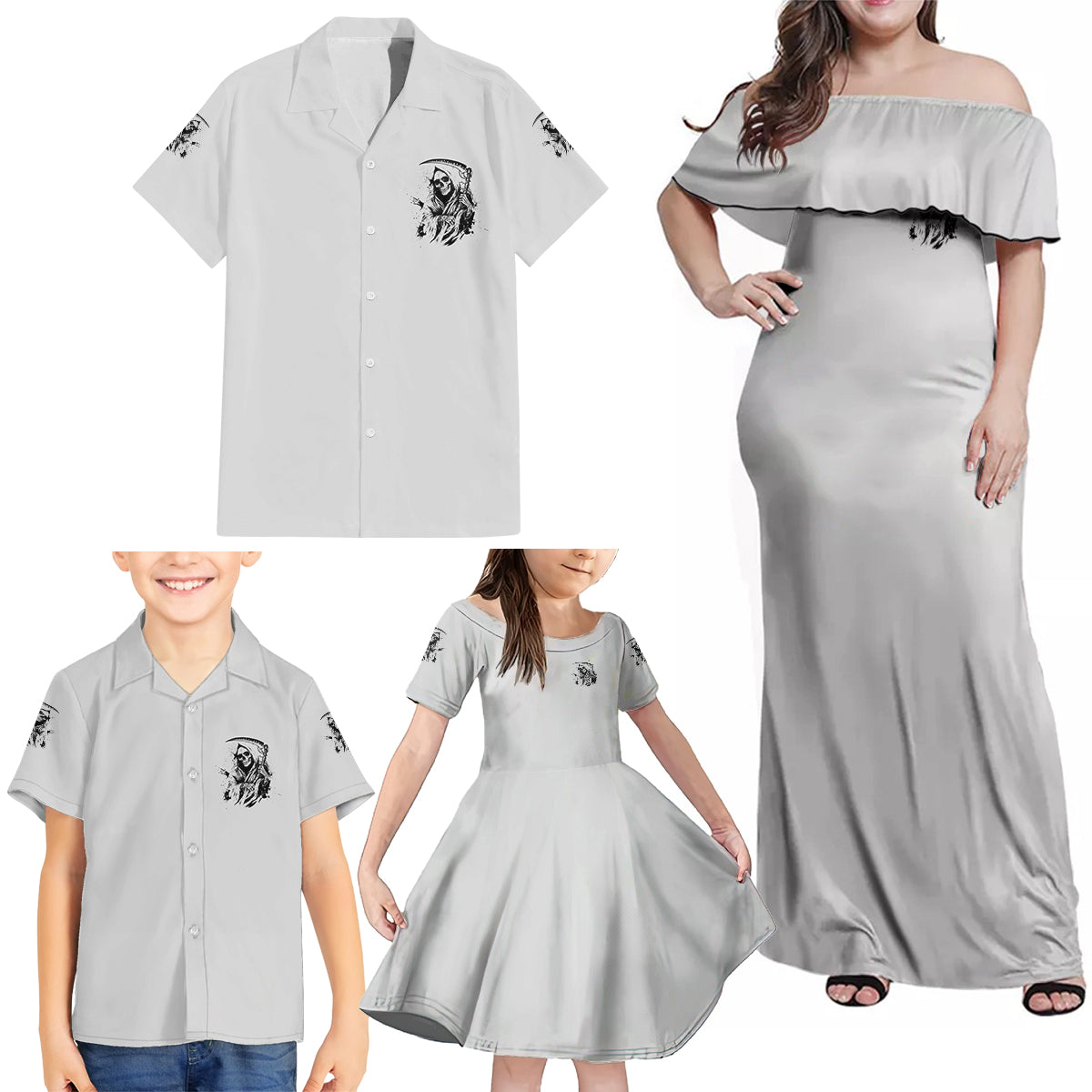 I Can't Go To Hell Reaper Skull Family Matching Off Shoulder Maxi Dress and Hawaiian Shirt - Wonder Print Shop