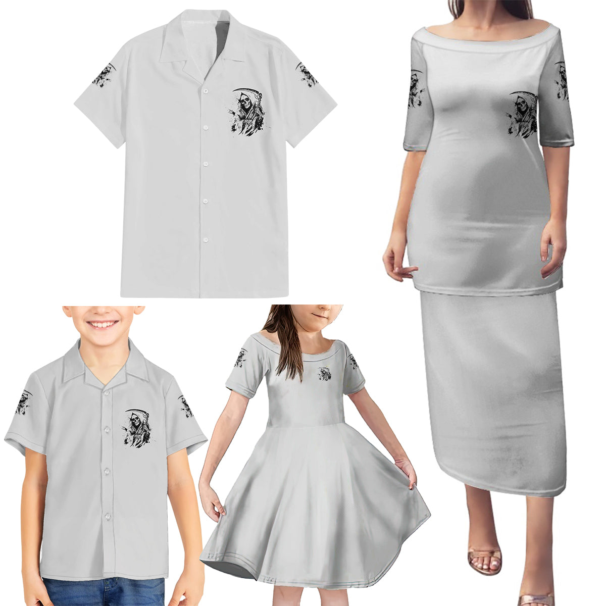 I Can't Go To Hell Reaper Skull Family Matching Puletasi Dress and Hawaiian Shirt - Wonder Print Shop