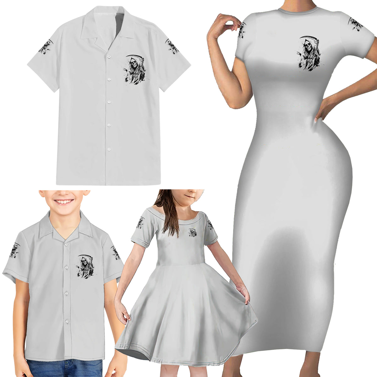 I Can't Go To Hell Reaper Skull Family Matching Short Sleeve Bodycon Dress and Hawaiian Shirt - Wonder Print Shop