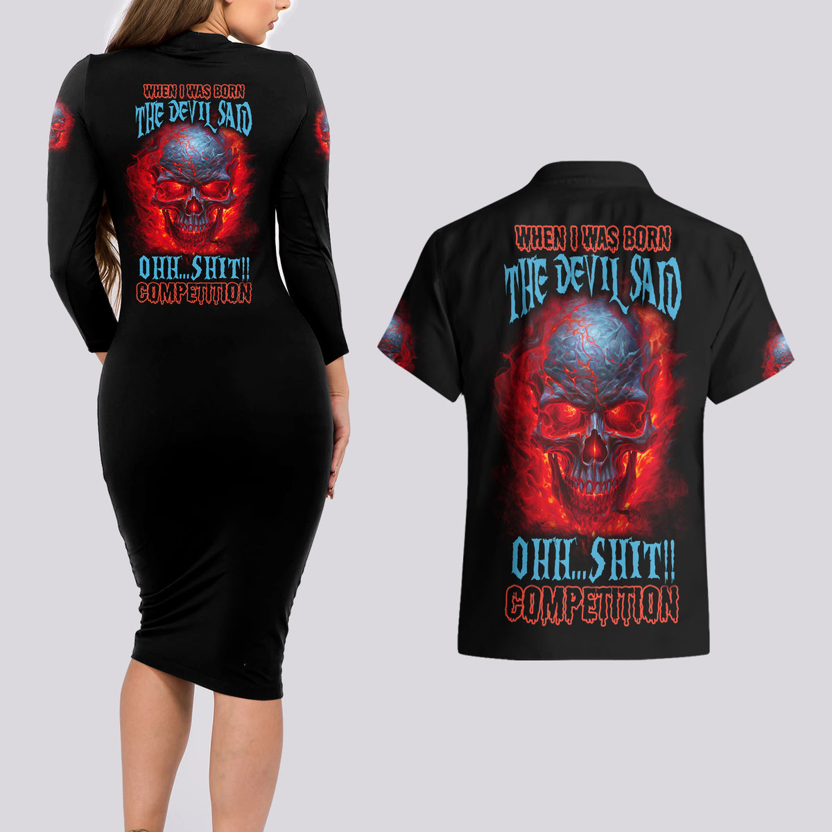 When I Was Born Fire Skull Couples Matching Long Sleeve Bodycon Dress and Hawaiian Shirt - Wonder Print Shop