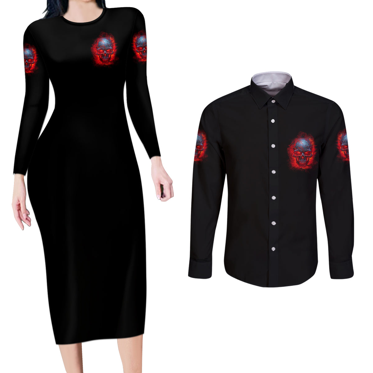 When I Was Born Fire Skull Couples Matching Long Sleeve Bodycon Dress and Long Sleeve Button Shirt - Wonder Print Shop