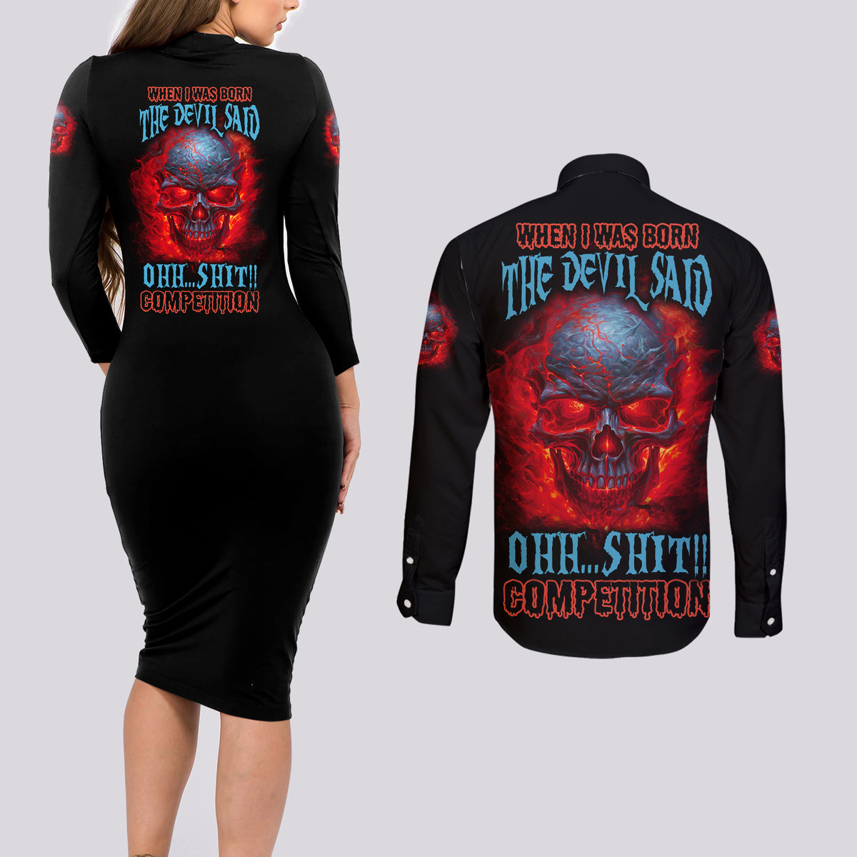 When I Was Born Fire Skull Couples Matching Long Sleeve Bodycon Dress and Long Sleeve Button Shirt - Wonder Print Shop