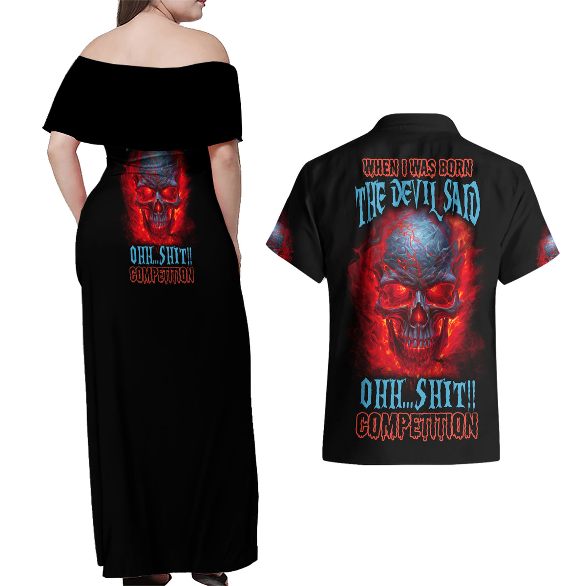 When I Was Born Fire Skull Couples Matching Off Shoulder Maxi Dress and Hawaiian Shirt - Wonder Print Shop