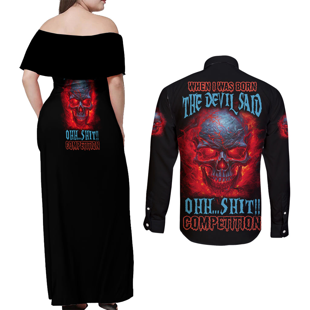 When I Was Born Fire Skull Couples Matching Off Shoulder Maxi Dress and Long Sleeve Button Shirt - Wonder Print Shop