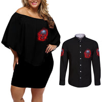 When I Was Born Fire Skull Couples Matching Off Shoulder Short Dress and Long Sleeve Button Shirt - Wonder Print Shop