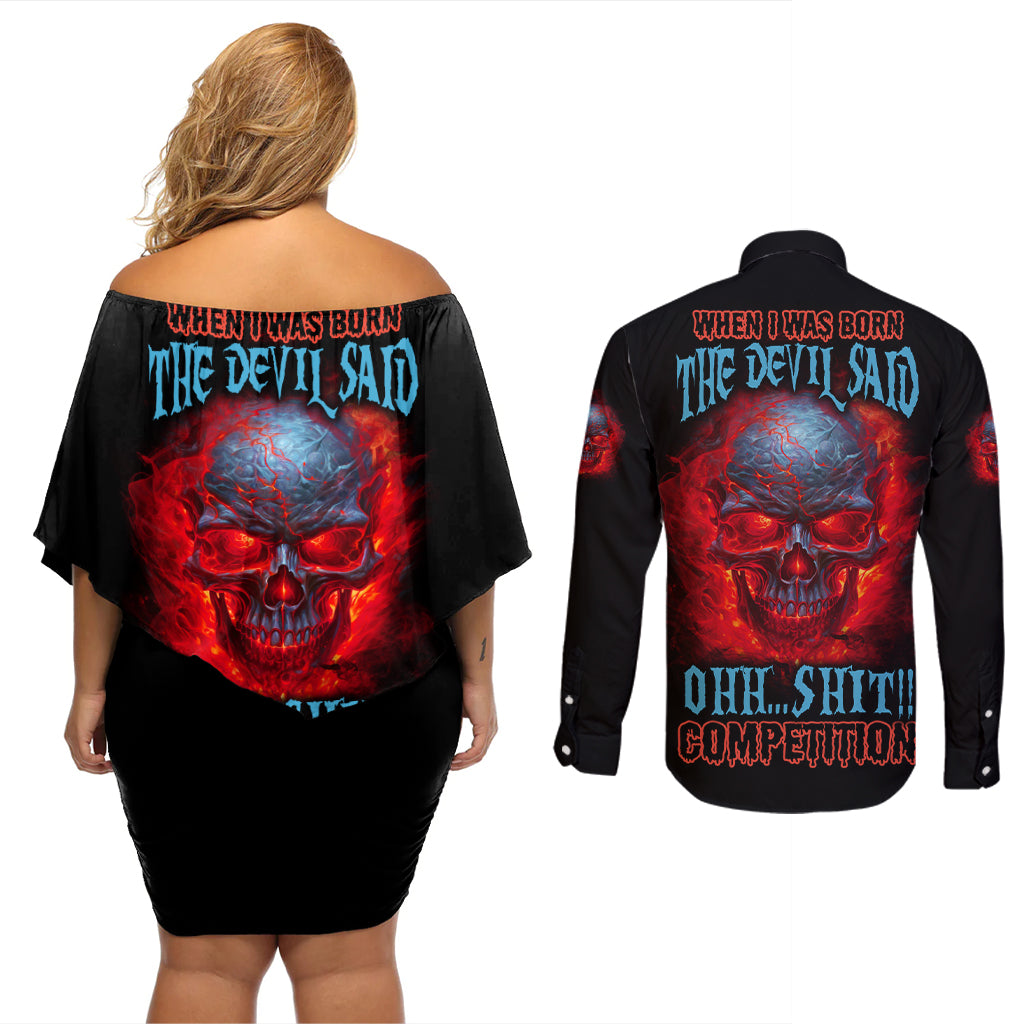 When I Was Born Fire Skull Couples Matching Off Shoulder Short Dress and Long Sleeve Button Shirt - Wonder Print Shop