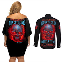 When I Was Born Fire Skull Couples Matching Off Shoulder Short Dress and Long Sleeve Button Shirt - Wonder Print Shop