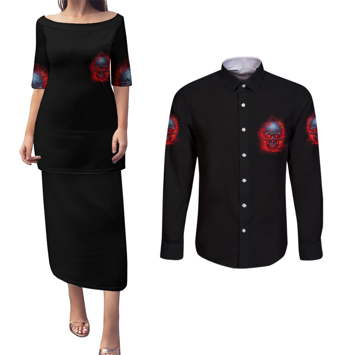 When I Was Born Fire Skull Couples Matching Puletasi Dress and Long Sleeve Button Shirt - Wonder Print Shop