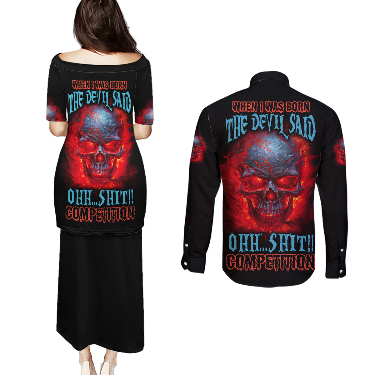 When I Was Born Fire Skull Couples Matching Puletasi Dress and Long Sleeve Button Shirt - Wonder Print Shop