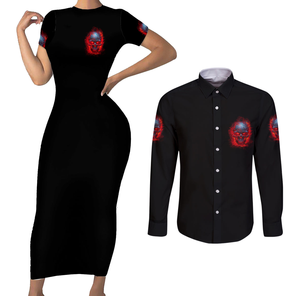 When I Was Born Fire Skull Couples Matching Short Sleeve Bodycon Dress and Long Sleeve Button Shirt - Wonder Print Shop