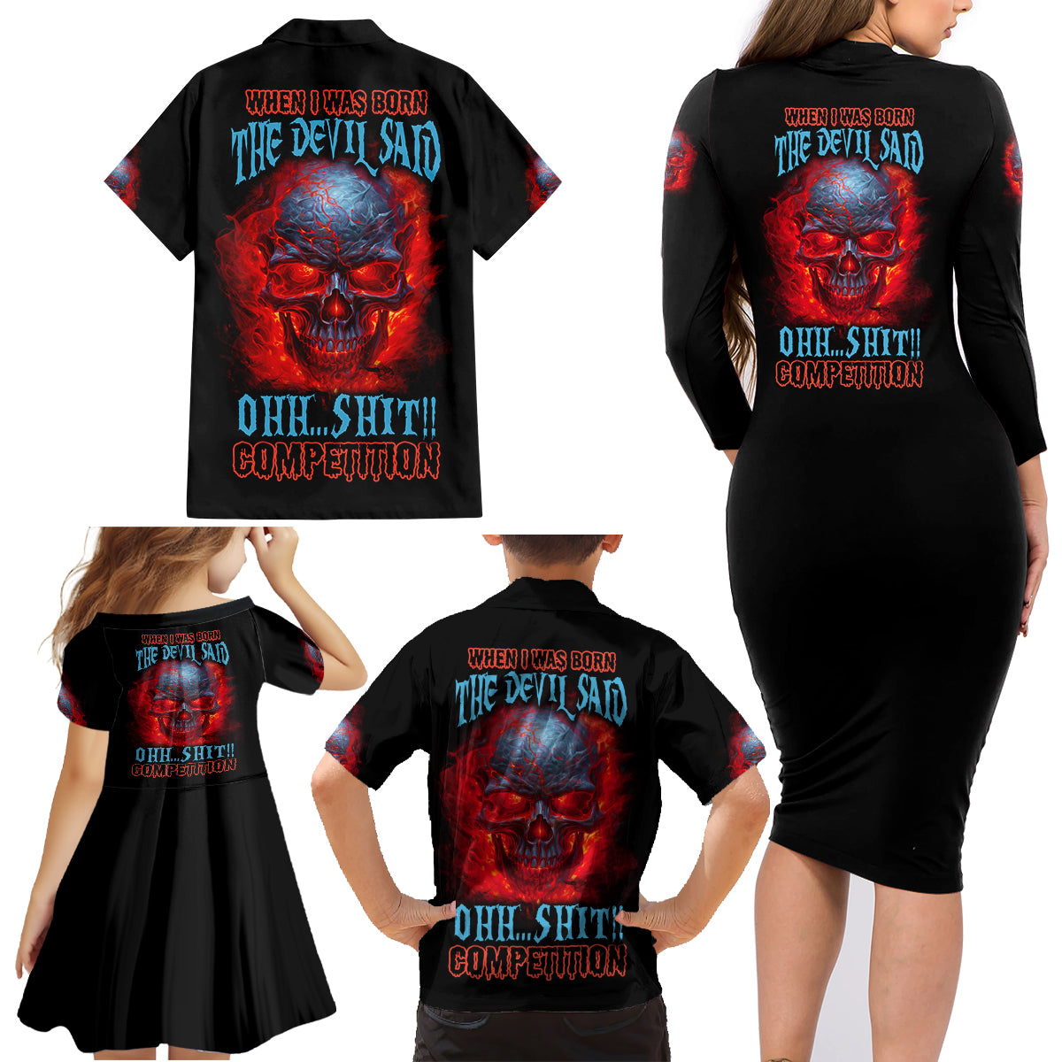 When I Was Born Fire Skull Family Matching Long Sleeve Bodycon Dress and Hawaiian Shirt - Wonder Print Shop