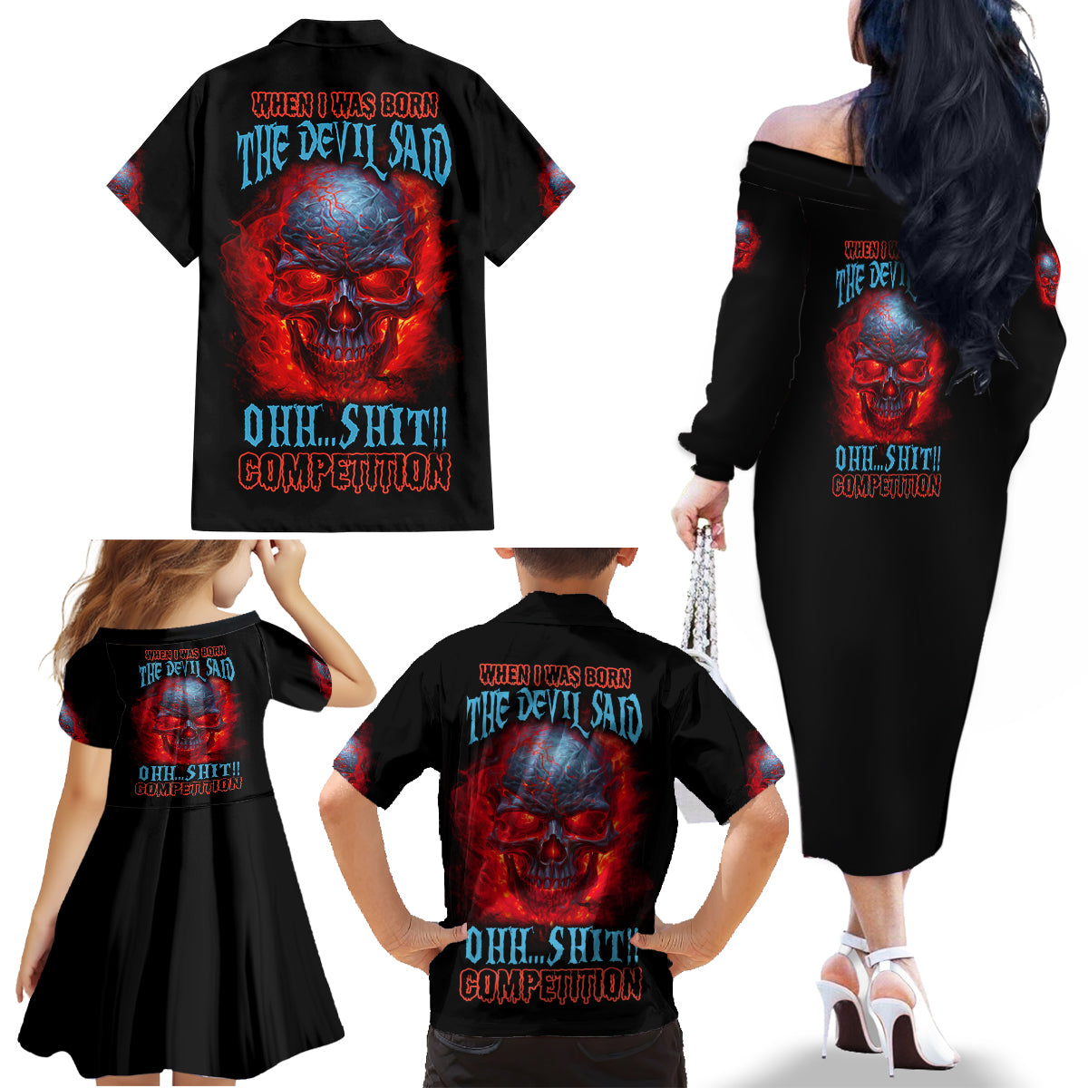 When I Was Born Fire Skull Family Matching Off Shoulder Long Sleeve Dress and Hawaiian Shirt - Wonder Print Shop