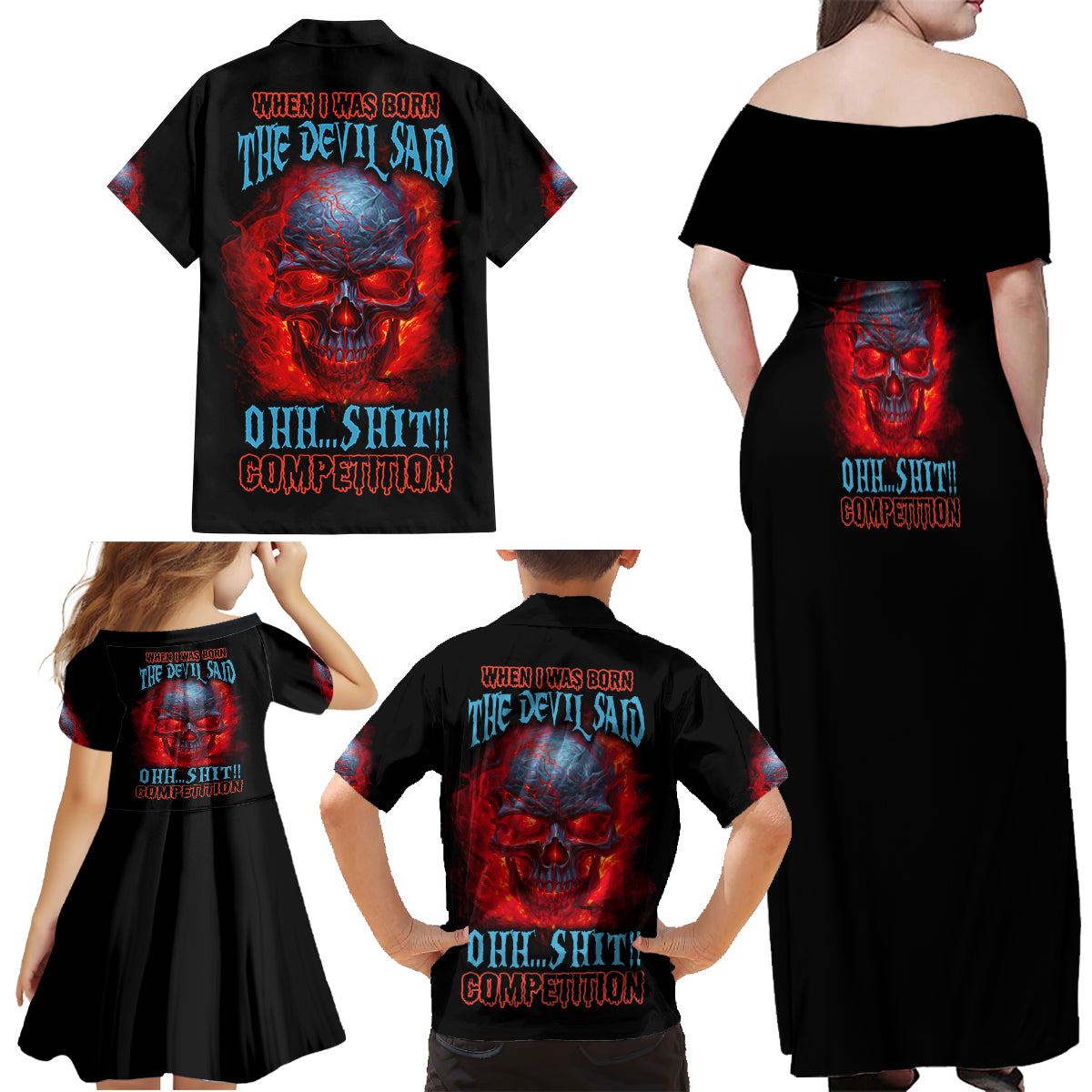 When I Was Born Fire Skull Family Matching Off Shoulder Maxi Dress and Hawaiian Shirt - Wonder Print Shop