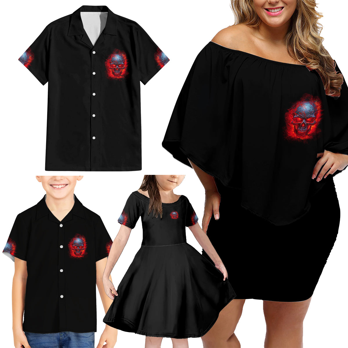 When I Was Born Fire Skull Family Matching Off Shoulder Short Dress and Hawaiian Shirt - Wonder Print Shop