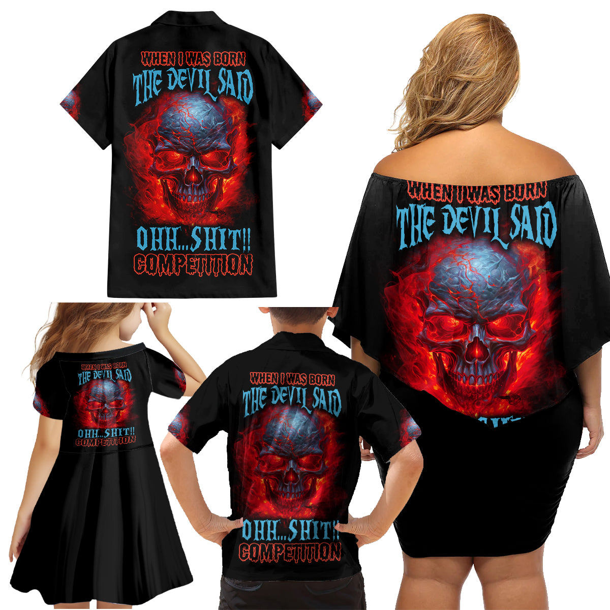 When I Was Born Fire Skull Family Matching Off Shoulder Short Dress and Hawaiian Shirt - Wonder Print Shop