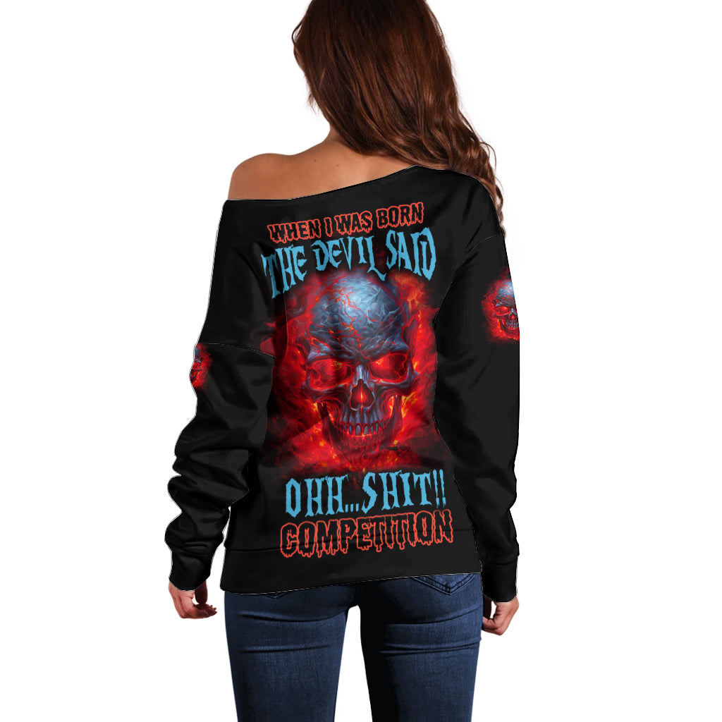 When I Was Born Fire Skull Off Shoulder Sweater - Wonder Print Shop
