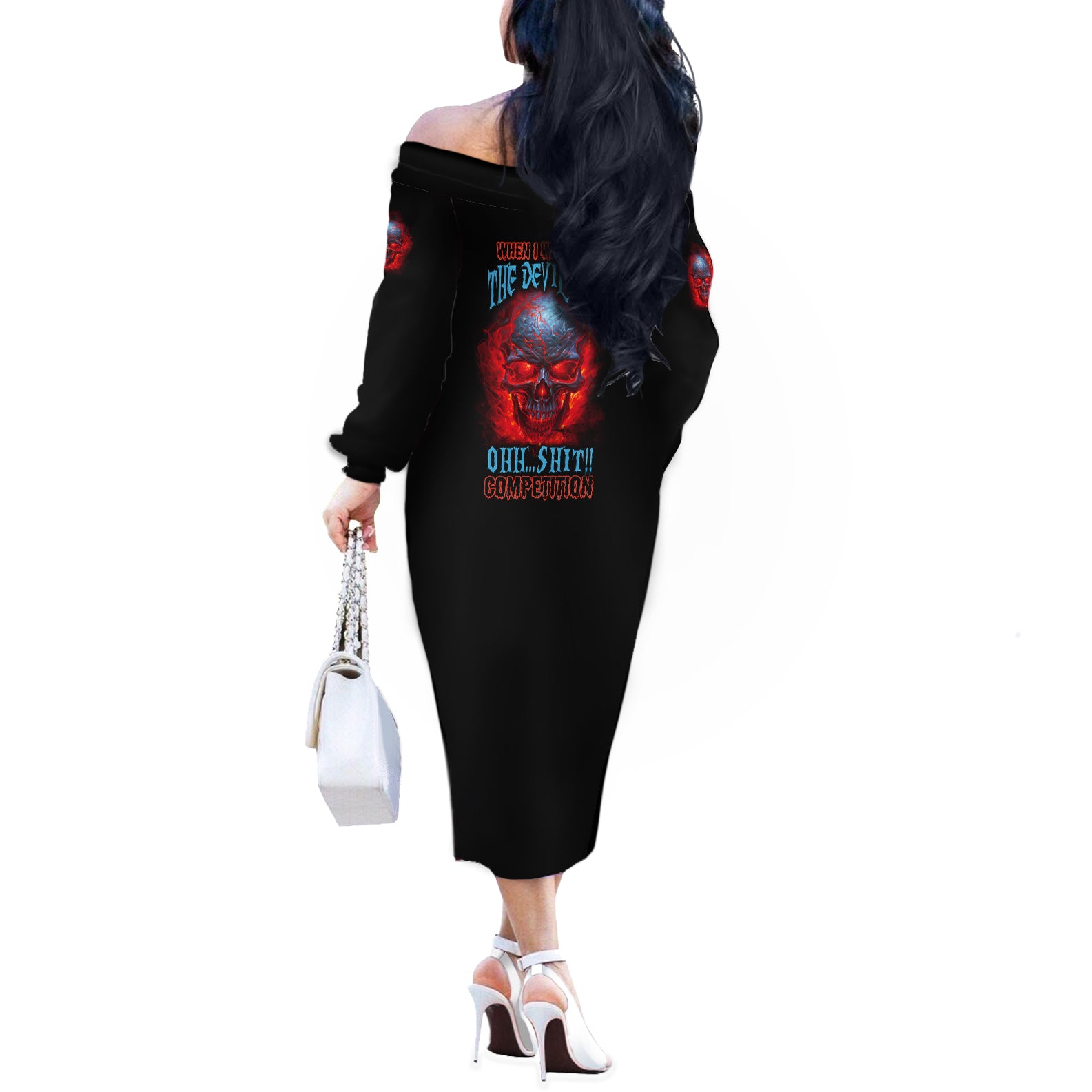 When I Was Born Fire Skull Off The Shoulder Long Sleeve Dress - Wonder Print Shop