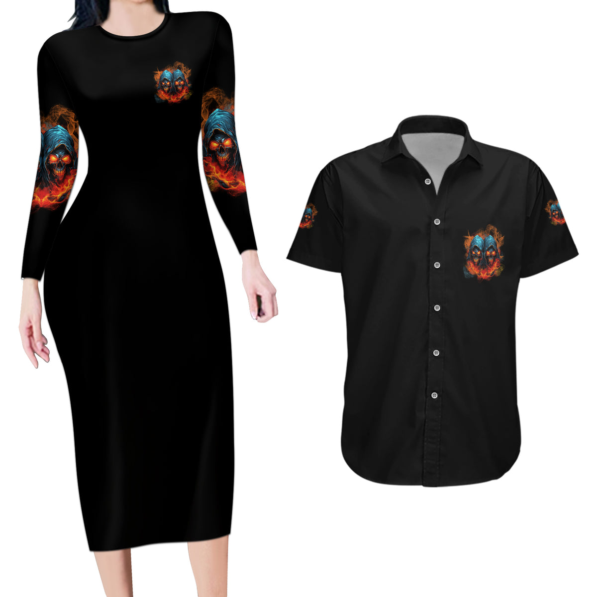 I Have 3 Sides Skull Reaper Couples Matching Long Sleeve Bodycon Dress and Hawaiian Shirt - Wonder Print Shop
