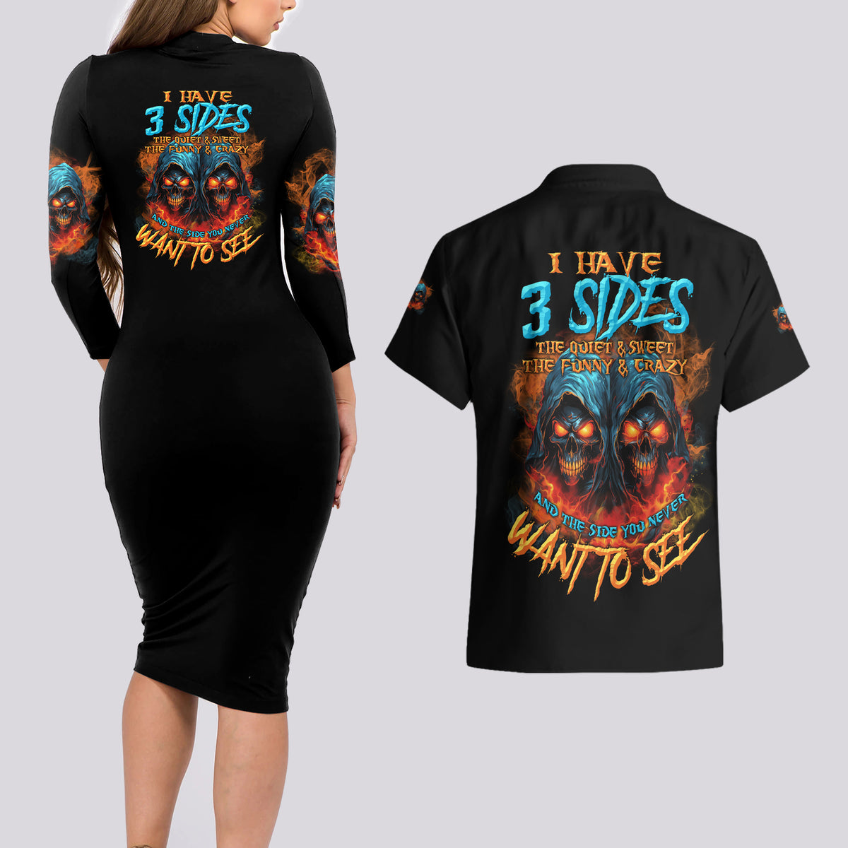 I Have 3 Sides Skull Reaper Couples Matching Long Sleeve Bodycon Dress and Hawaiian Shirt - Wonder Print Shop