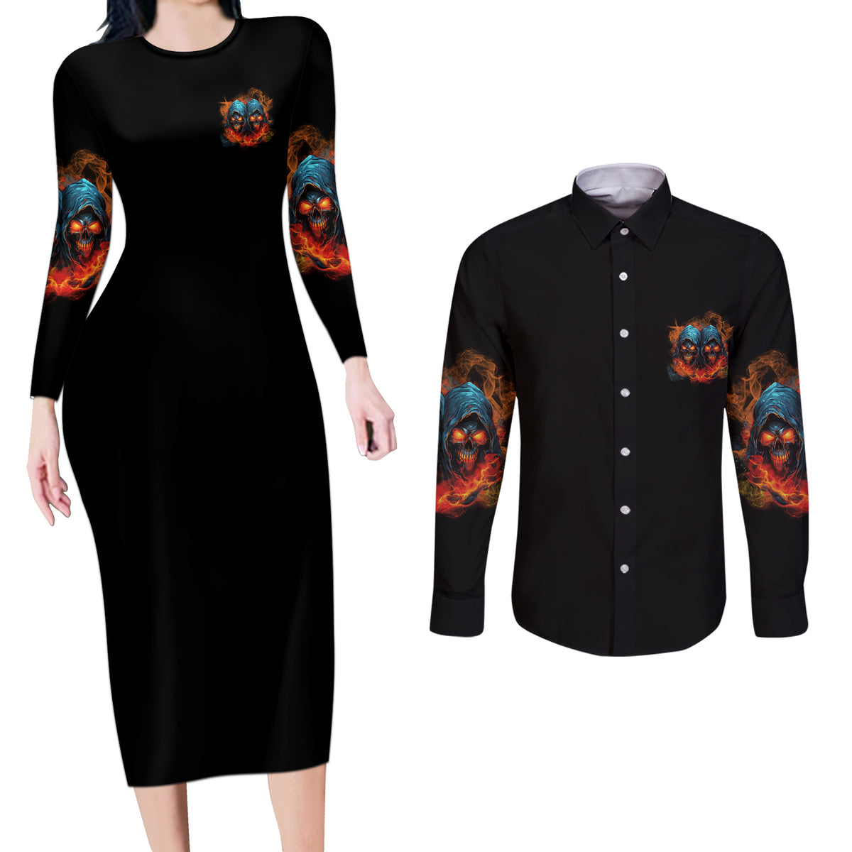 I Have 3 Sides Skull Reaper Couples Matching Long Sleeve Bodycon Dress and Long Sleeve Button Shirt - Wonder Print Shop