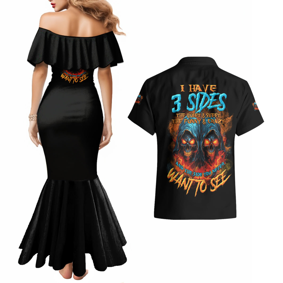 I Have 3 Sides Skull Reaper Couples Matching Mermaid Dress and Hawaiian Shirt - Wonder Print Shop