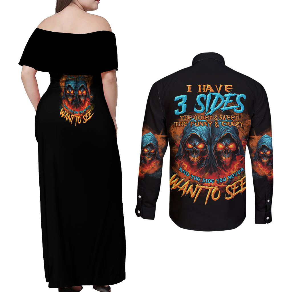 I Have 3 Sides Skull Reaper Couples Matching Off Shoulder Maxi Dress and Long Sleeve Button Shirt - Wonder Print Shop