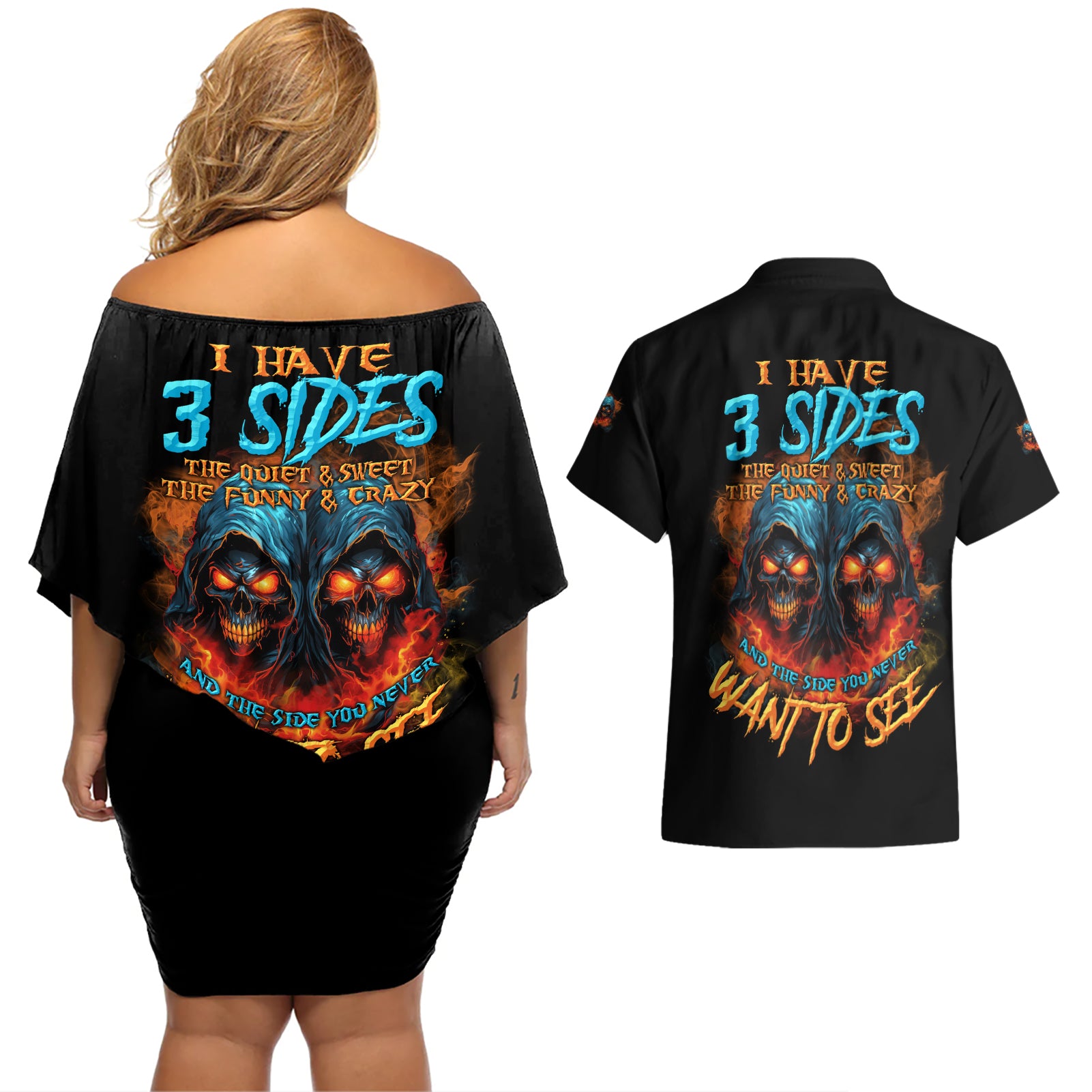 I Have 3 Sides Skull Reaper Couples Matching Off Shoulder Short Dress and Hawaiian Shirt - Wonder Print Shop