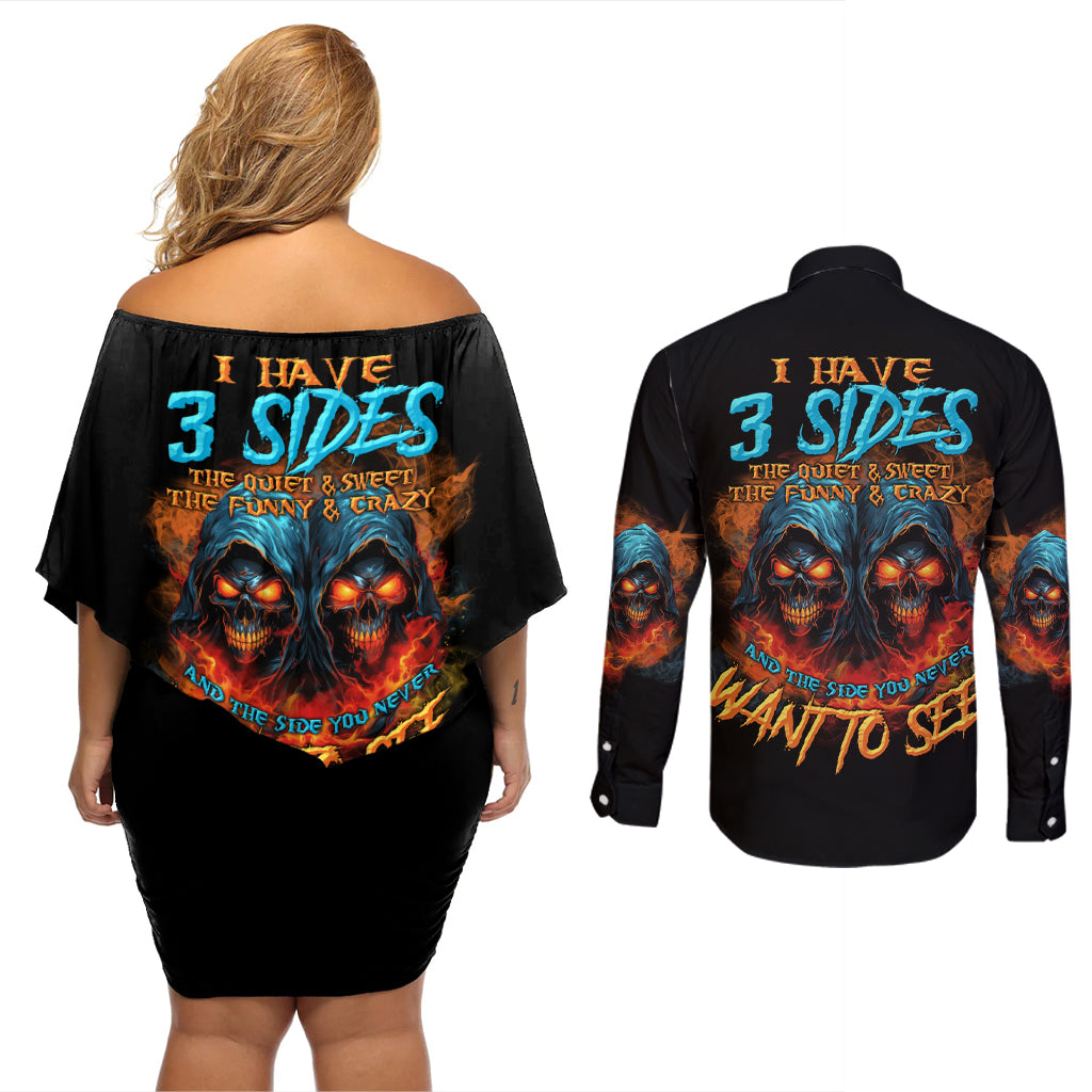I Have 3 Sides Skull Reaper Couples Matching Off Shoulder Short Dress and Long Sleeve Button Shirt - Wonder Print Shop