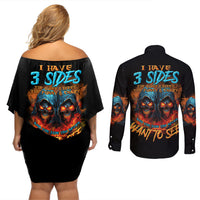 I Have 3 Sides Skull Reaper Couples Matching Off Shoulder Short Dress and Long Sleeve Button Shirt - Wonder Print Shop